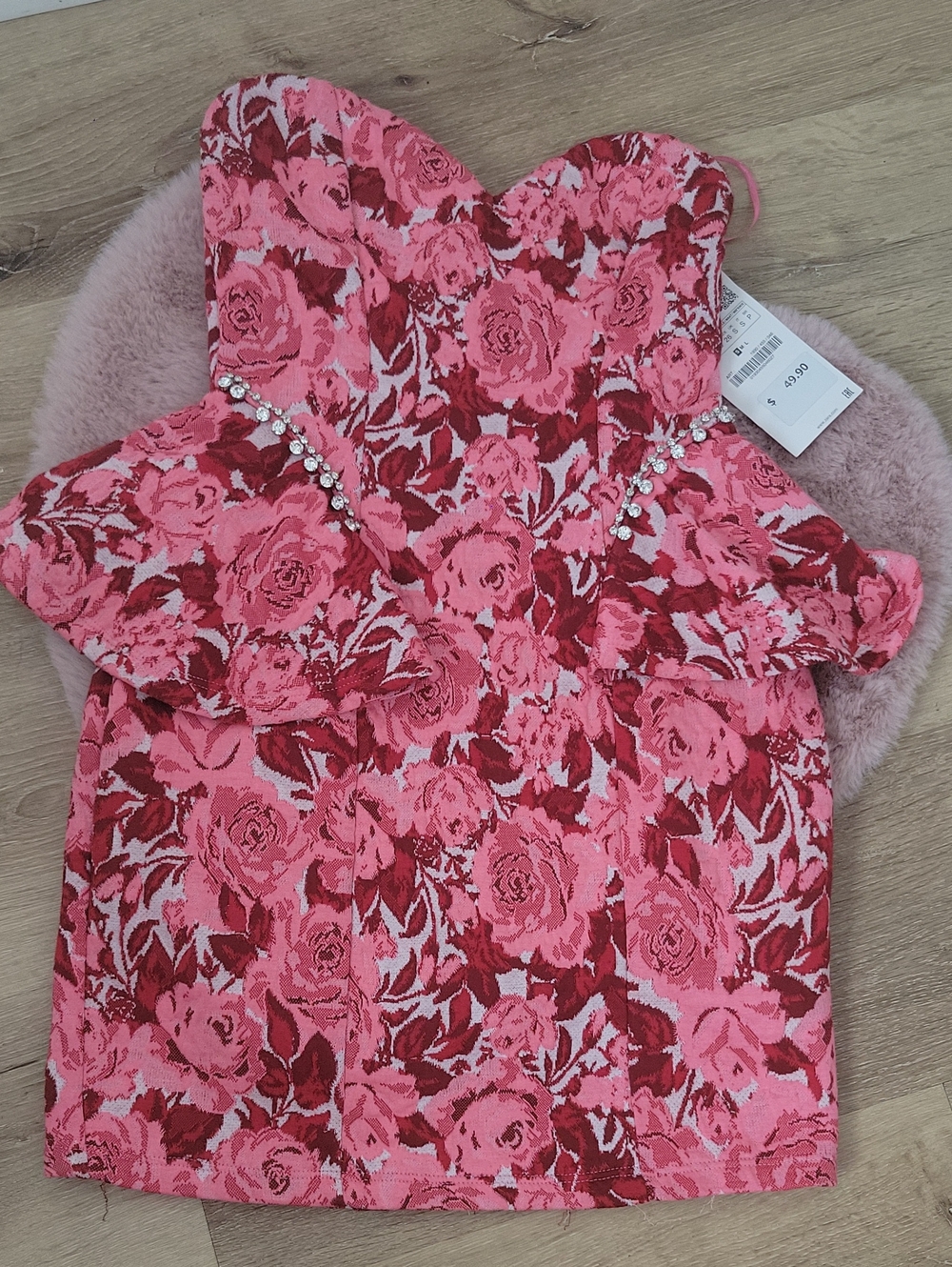 Strapless Pink Floral Embellished Women’s Mini Dress